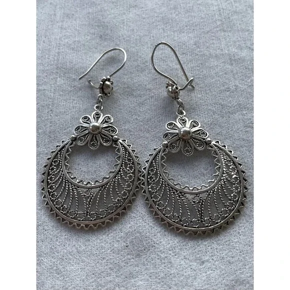 Vintage DGS Turkey Sterling Silver Crescent Moon Floral Dangle Earrings - Picture 5 of 6